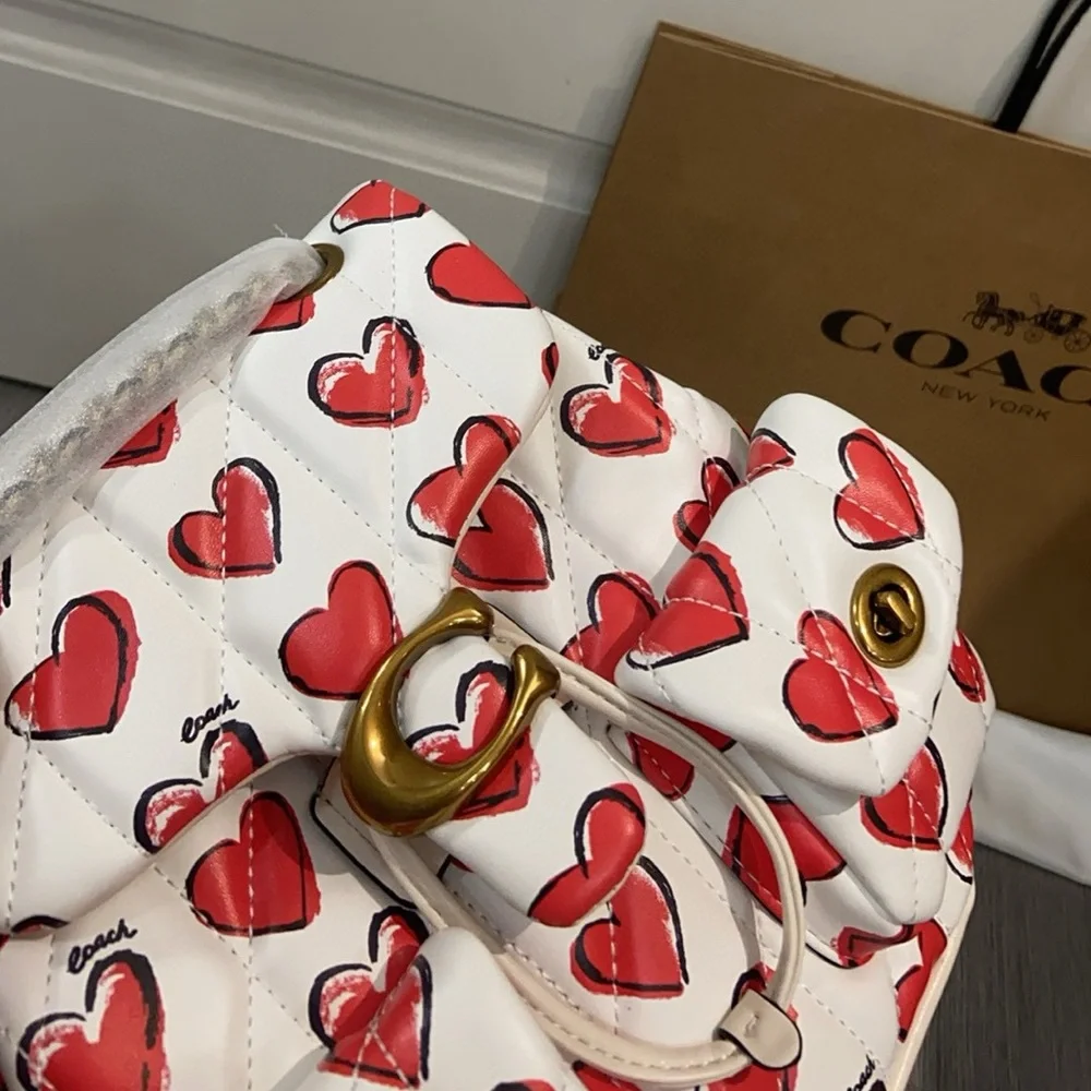Coach White Leather Mini Bag with Red Heart Print